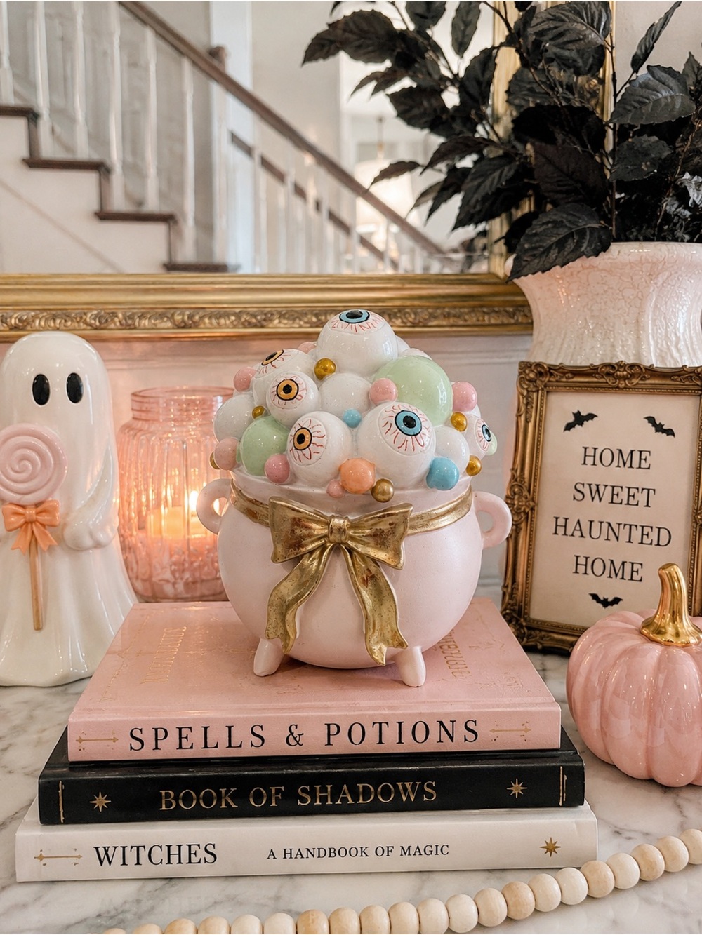 Pastel Pink Cauldron Eyeball Bubble Halloween Figurine w/ Gold Bow